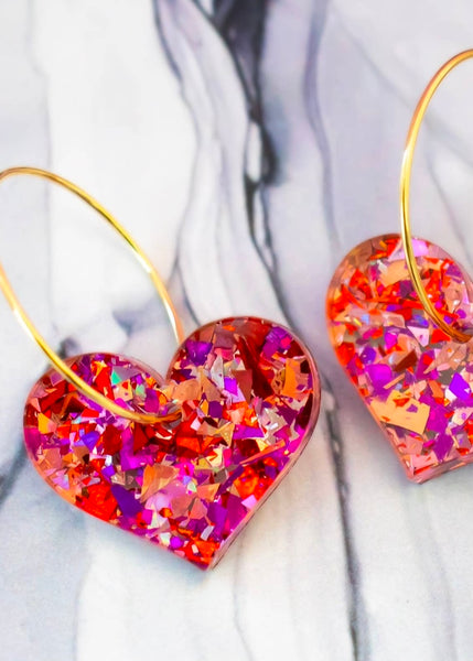 Glitter Red Heart Hoop Earrings