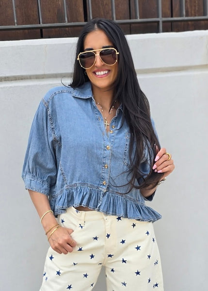 In Full Swing Button Up Denim Top