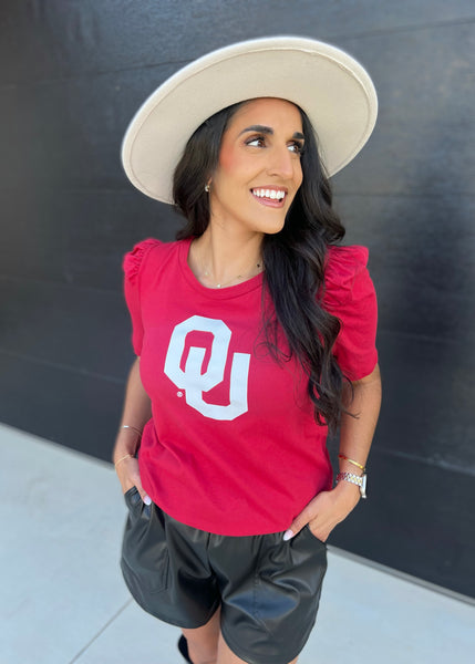 From The Sidelines Crimson OU Puff Sleeve Top