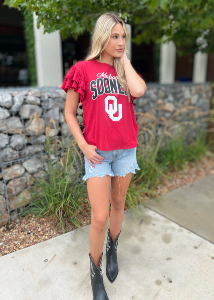 Scream & Shout OU Ruffle Sleeve Top