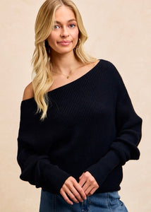 Fireside Casual Off The Shoulder Black Waffle Knit Top