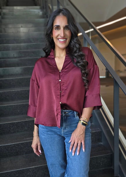 Makes Sense Burgundy Gold Button Up Blouse