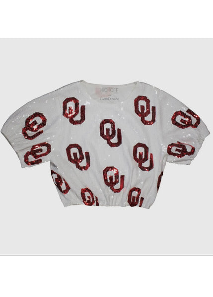 OU Repeat Sequin White Crop Top