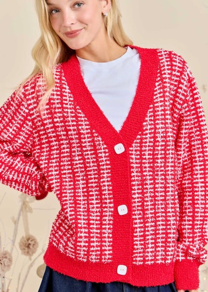 Make A Plan Red & White Fuzzy Cardigan