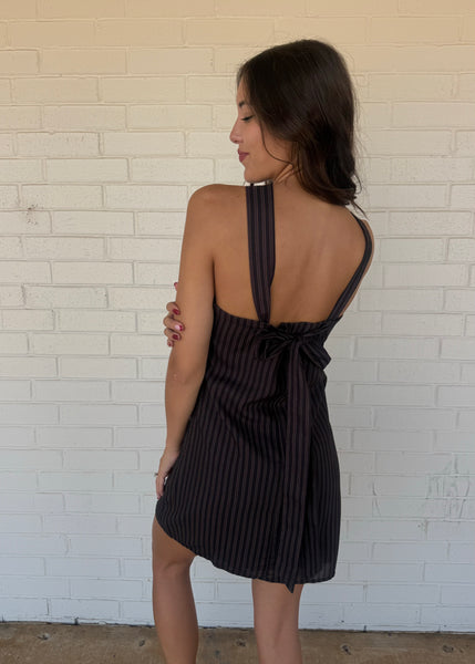 Fine Lines Black Pin Striped Halter Dress
