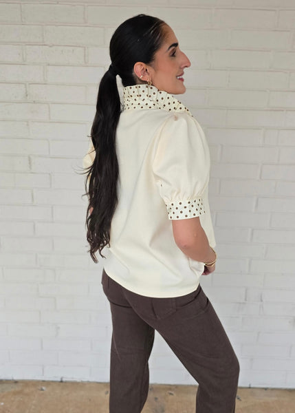 New Goals Cream Polka Dot Collared Top