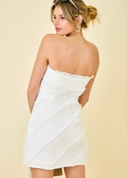 One Love White Strapless Ruffle Bodycon Mini Dres