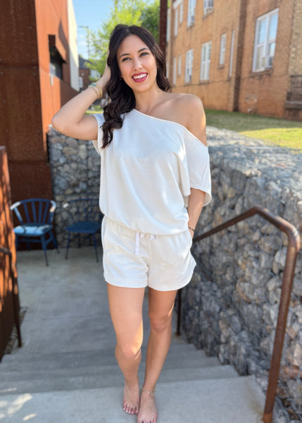 As You Are White French Terry Off Shoulder Top