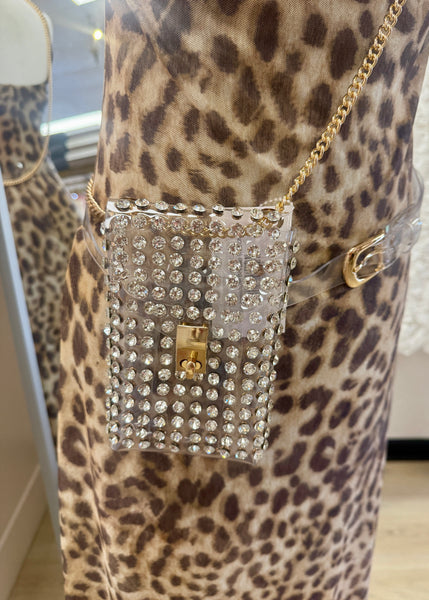 Clear Rhinestone Belt Bag With Chain