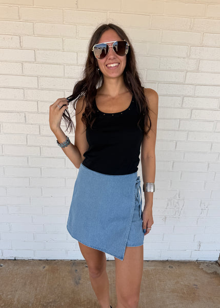 No Pretending Washed Denim Wrap Mini Skort