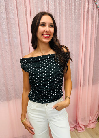 Front Runner Black & White Polka Dot Off Shoulder Top
