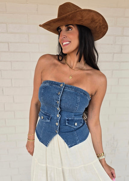 Country Girls Dream Strapless Denim Button Up Top