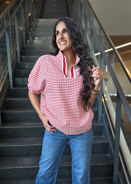 It's A Gem Red Plaid Short Sleeve Blouse
