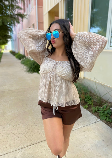 All About Pleated Lace Taupe Peplum Top
