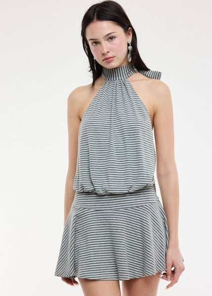 You Got Me Navy Striped Backless Halter Mini Dress-Romper