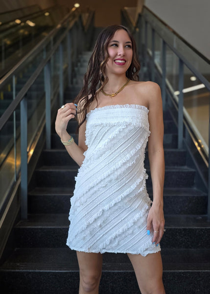 One Love White Strapless Ruffle Bodycon Mini Dres