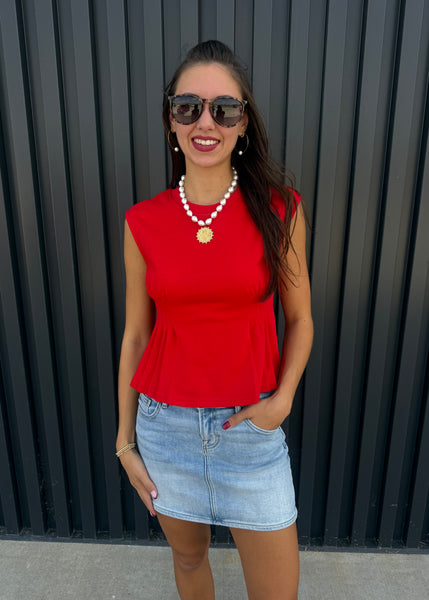 Dinner Plans Red Pleated Sleeveless Top