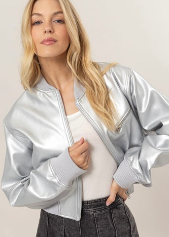 Fierce Feeling Silver Faux Leather Bomber Jacket