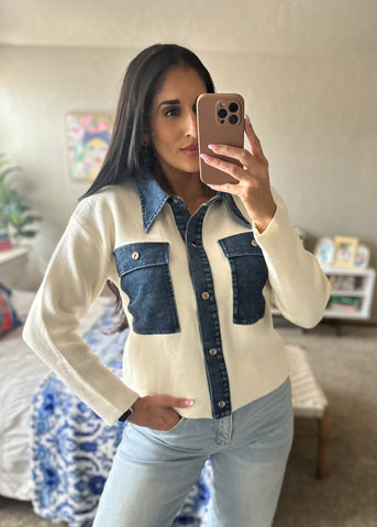 No Cares Denim And Cream Cardigan