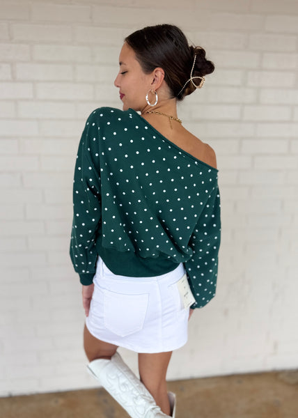 From The Past Green & White Polka Dot Off The Shoulder Sweatshirt Top