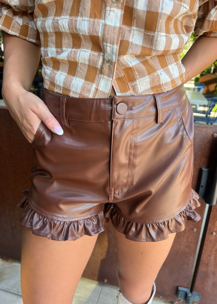 Extra Fabulous  Brown Faux Leather Ruffle Shorts