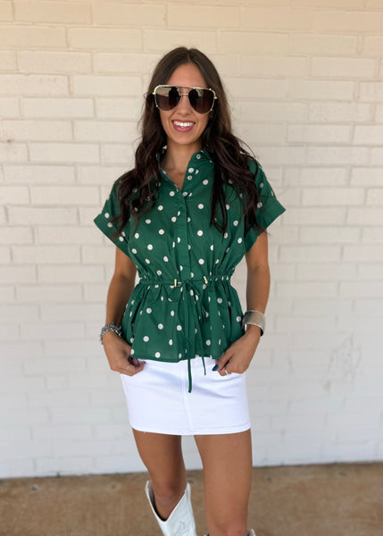 Simon Says Green & White Polka Dot Tie Top