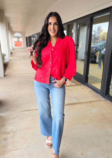 Beauty Mark Red Patterned Button Up Top
