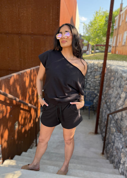 As You Are Black French Terry Off Shoulder Top - Large