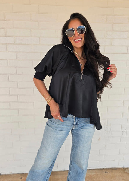 Play It Again Black Half Zip Flowy Blouse