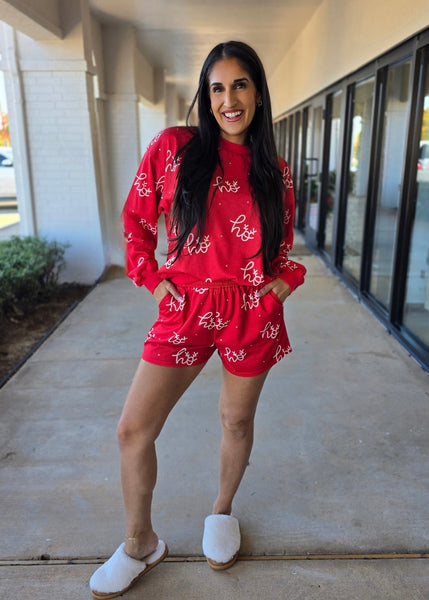 Red Rhinestoned "Ho, Ho, Ho" Printed Shorts