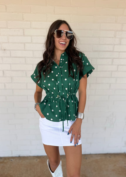 Simon Says Green & White Polka Dot Tie Top