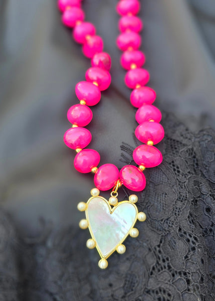 Pink Beaded Heart Charm Necklace