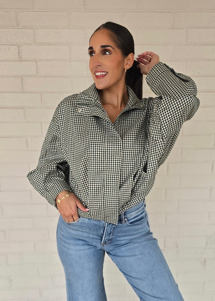 Checked In Long Sleeve Green Checked Bomber Jacket