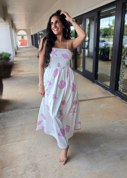 Seashells On The Shore White/Pink Midi Dress