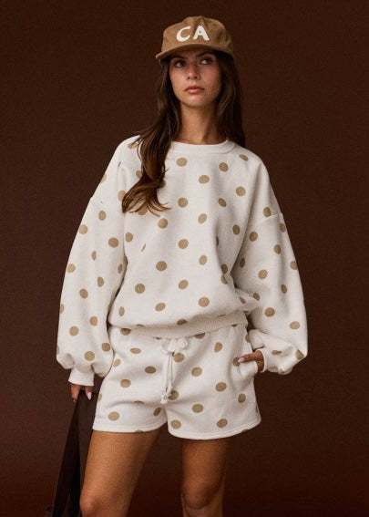 Treat Yourself White & Taupe Polka Dot Sweatshirt & Short Set