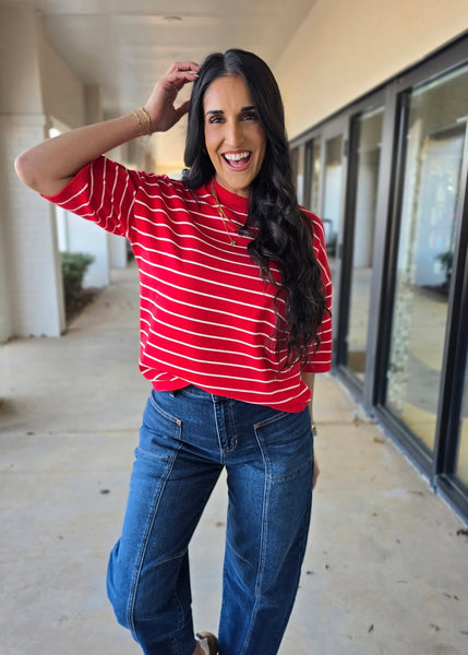 Saturday Stripes Red/ White Striped Short Sleeve Sweater