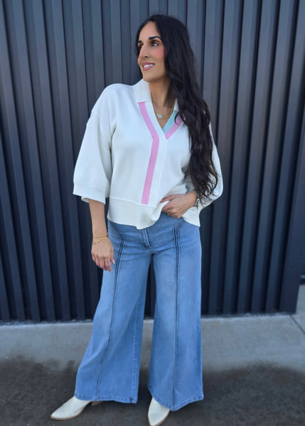 Dream Lover Striped V Neckline White Spring Sweater