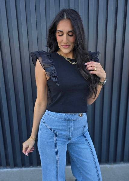 After Hours Black Top With Organza Ruffle Sleeves