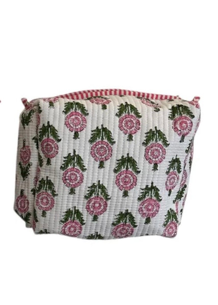 White & Pink Print  Quilted Set of 3 Makeup Bags