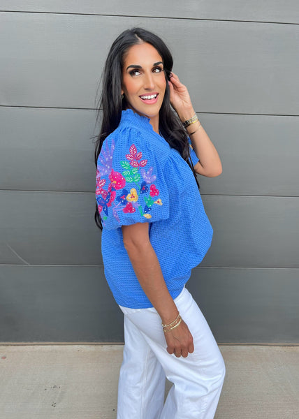 Garden Of Flowers Bubble Sleeve Blue Top