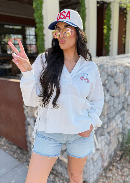 "USA 1776" Side Tie White Oversized Hoodie