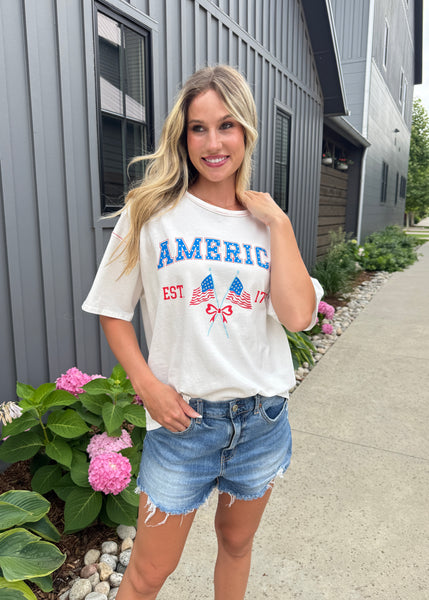 "America" Rhinestone White Bow Flag Tee