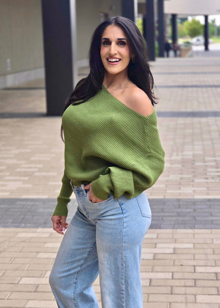 Fireside Casual Off The Shoulder Olive Waffle Knit Top