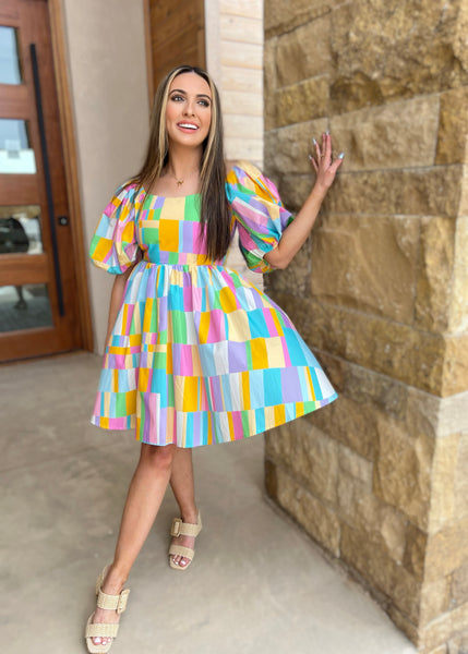 Sweet Sunshine Multi Colored Puff Sleeve Mini Dress