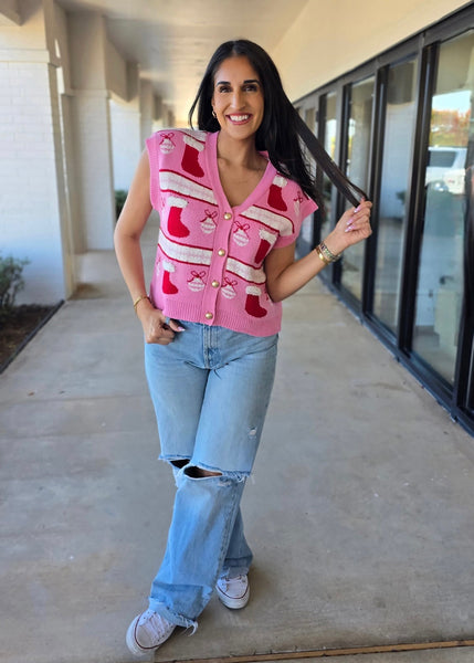 Pink Motive Christmas Patterned Sweater Vest