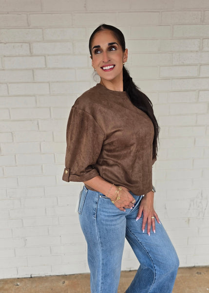 Then & Now Brown Suede Short Sleeve Top