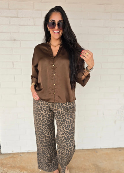 Makes Sense Brown Gold Button Up Blouse
