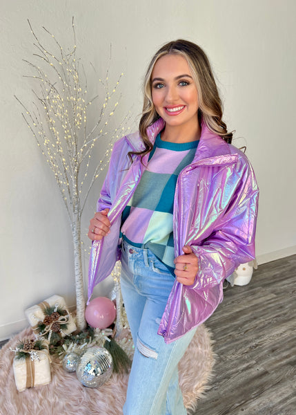 Winter Lovin Shiny Lilac Lightweight Quilted Puffer Jacket