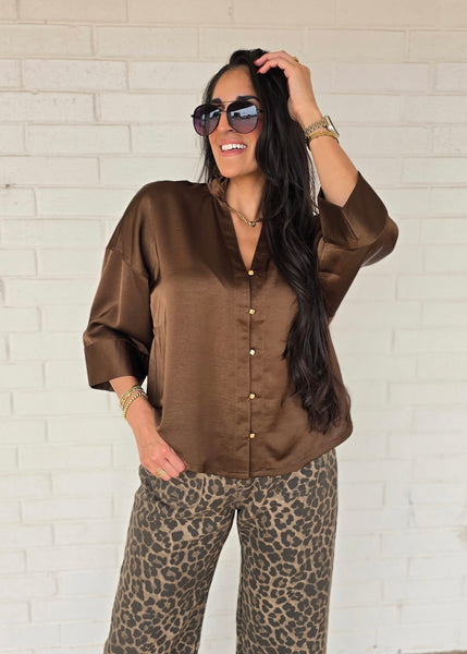 Makes Sense Brown Gold Button Up Blouse