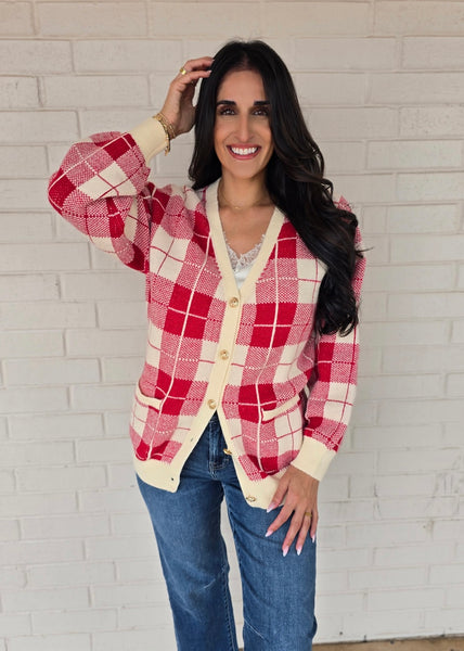 All Season Long Red Checked Cardigan